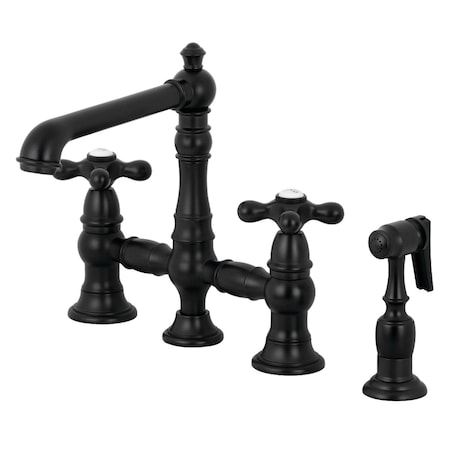 Kingston Brass English Country 8" Bridge Kitchen Faucet W/ Sprayer, Black KS7270AXBS
